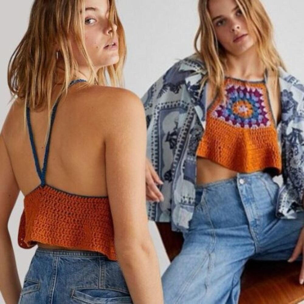 Free People Brown Bella Crochet Halter Top Size Large 38051